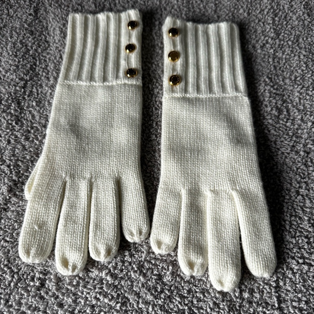 Michael Kors Cream Knit Gloves with Gold Buttons